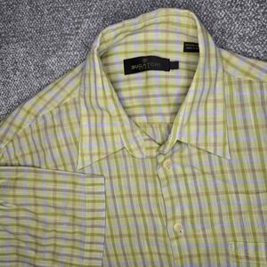 Bugatchi Uomo Shirt Button-Up Short Sleeve Men's Large Green Yellow‎ Check
